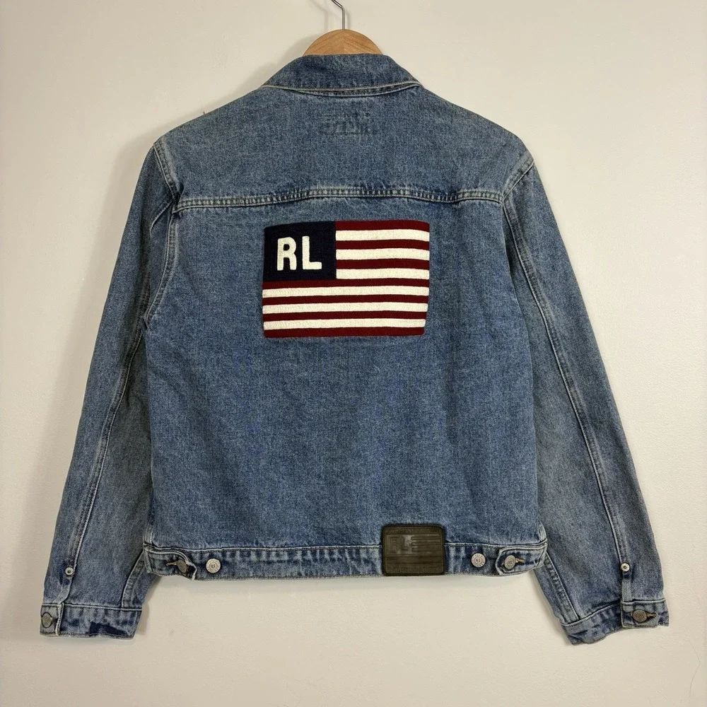 Vtg Ralph Lauren Polo Jeans Co Denim Jacket American Flag Patch Womens Sz L USA - Picture 1 of 14